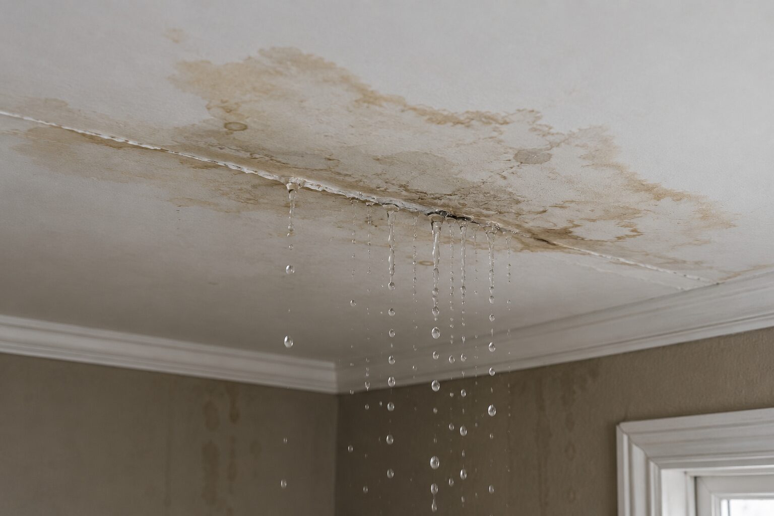 Interior water damage from a roof leak requiring roof repair in Birmingham, Alabama