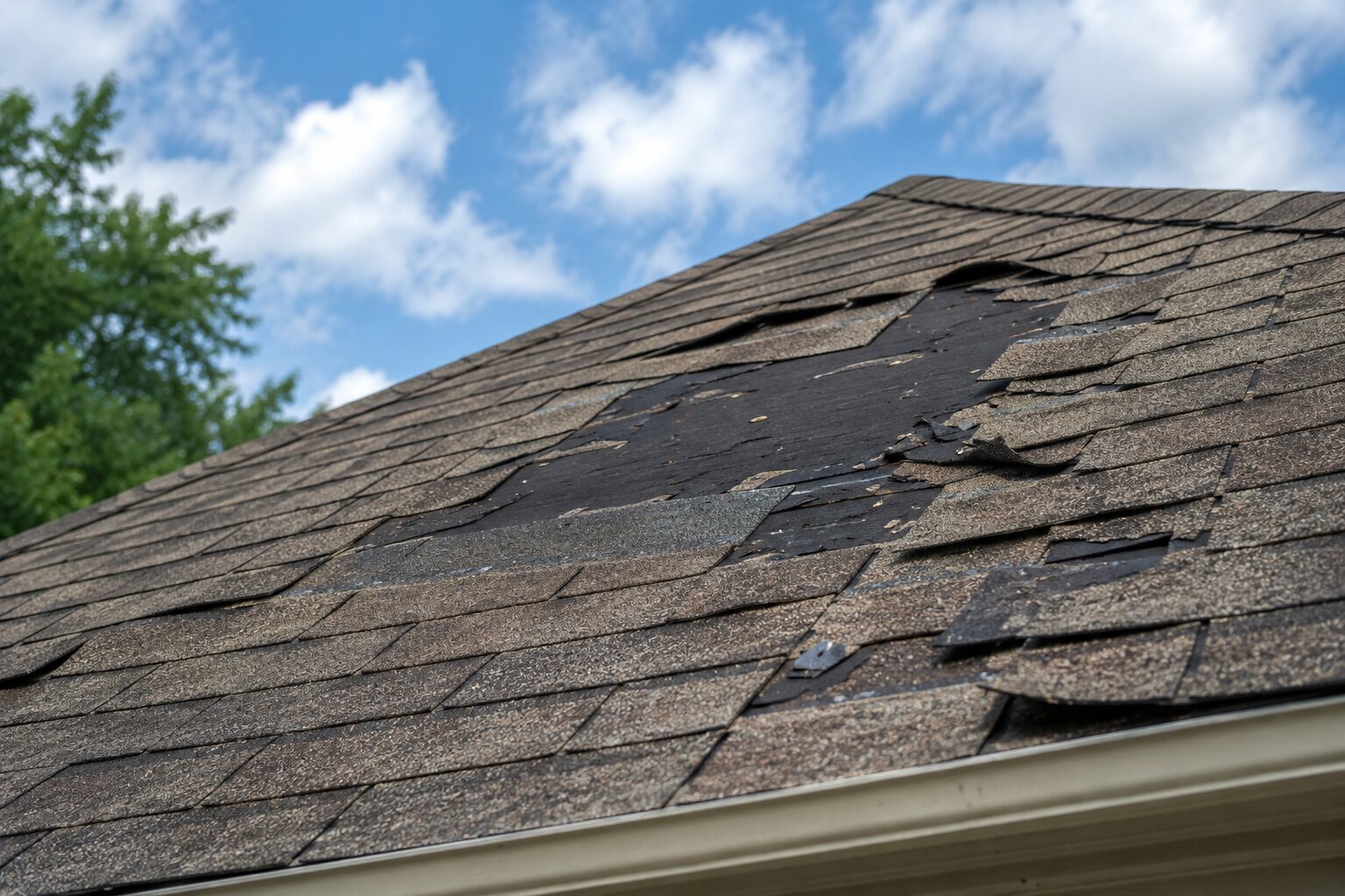 Storm-damaged roof with missing shingles on a home in Birmingham, Alabama