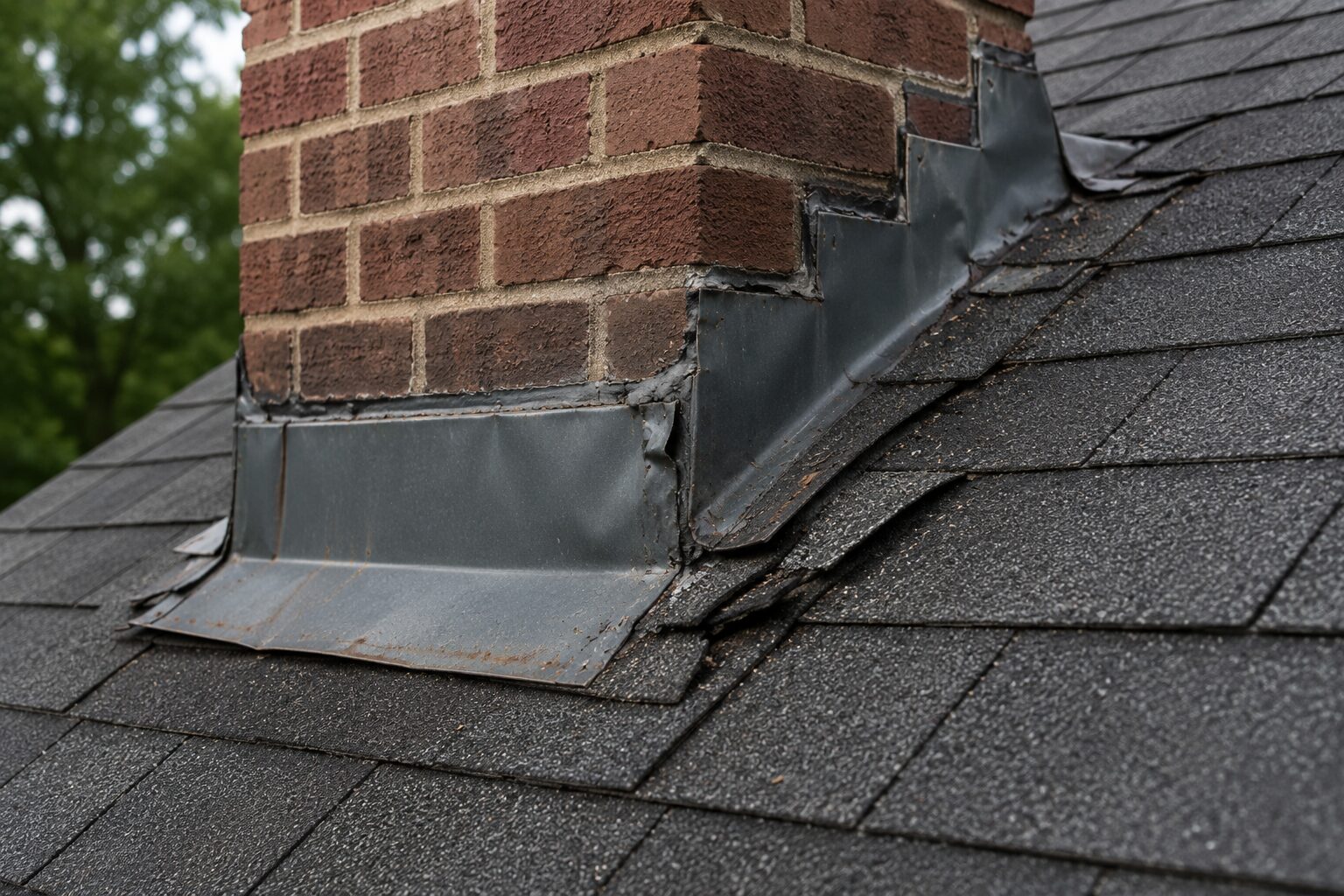 Roof flashing failure around chimney on a Birmingham, Alabama home