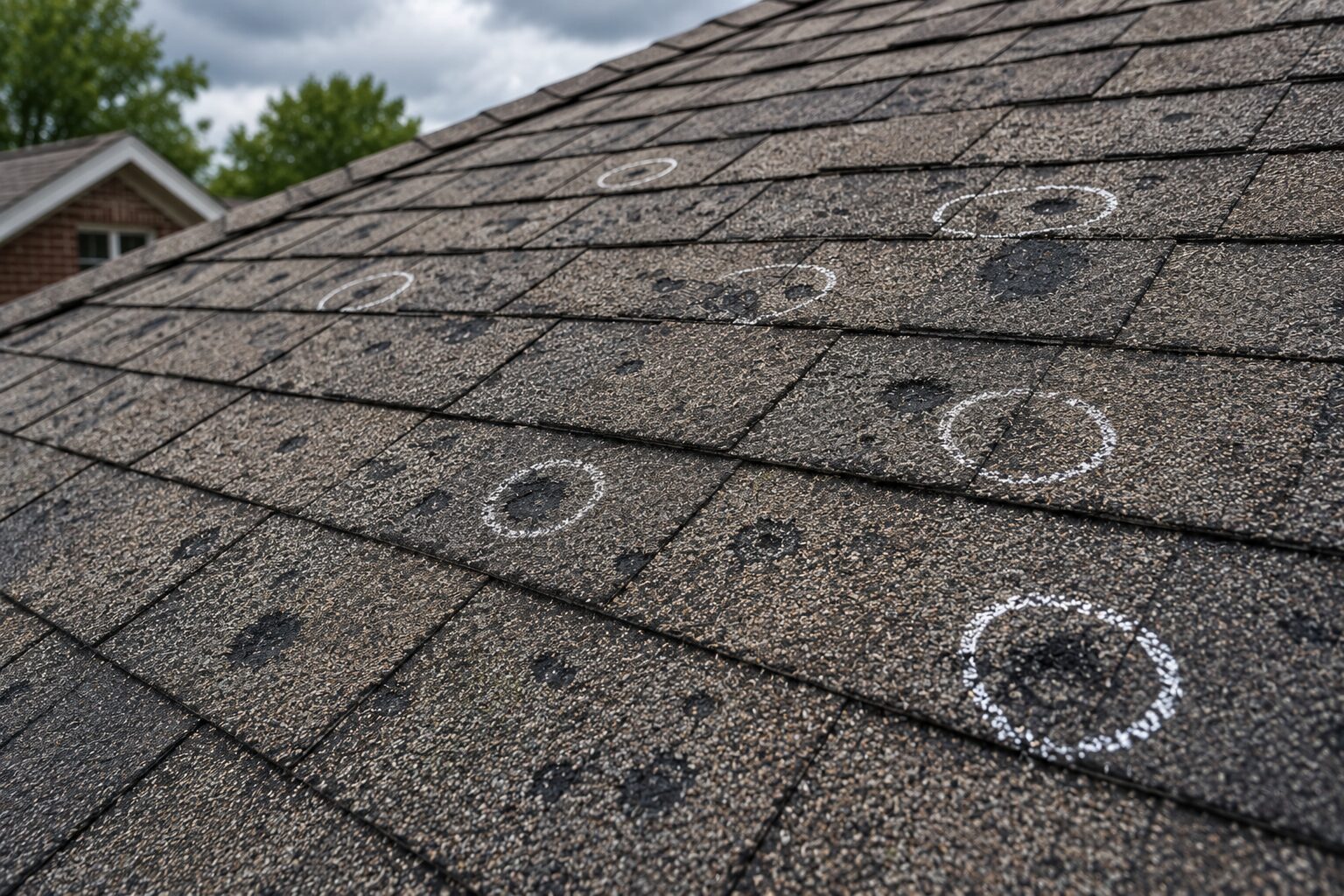 Hail-damaged roof shingles identified during a roof inspection in Birmingham, Alabama