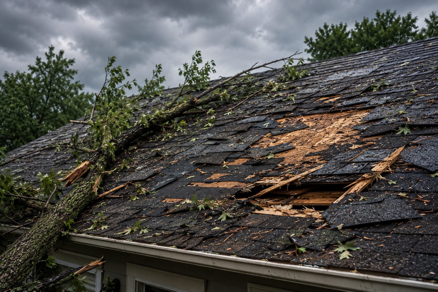 Storm damage to residential roof caused by fallen tree and high winds in Birmingham, Alabama