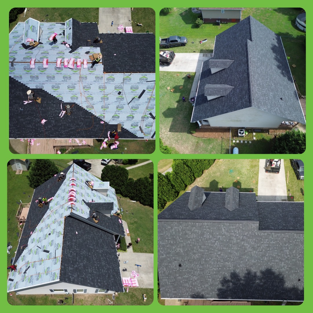 Before and after roof repair by Ridgeline Roofing and Restoration showing storm damage and completed roofing work.